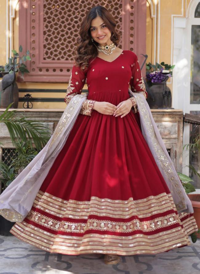 Faux Blooming Red Party Wear Embroidery Work Readymade Gown With Dupatta